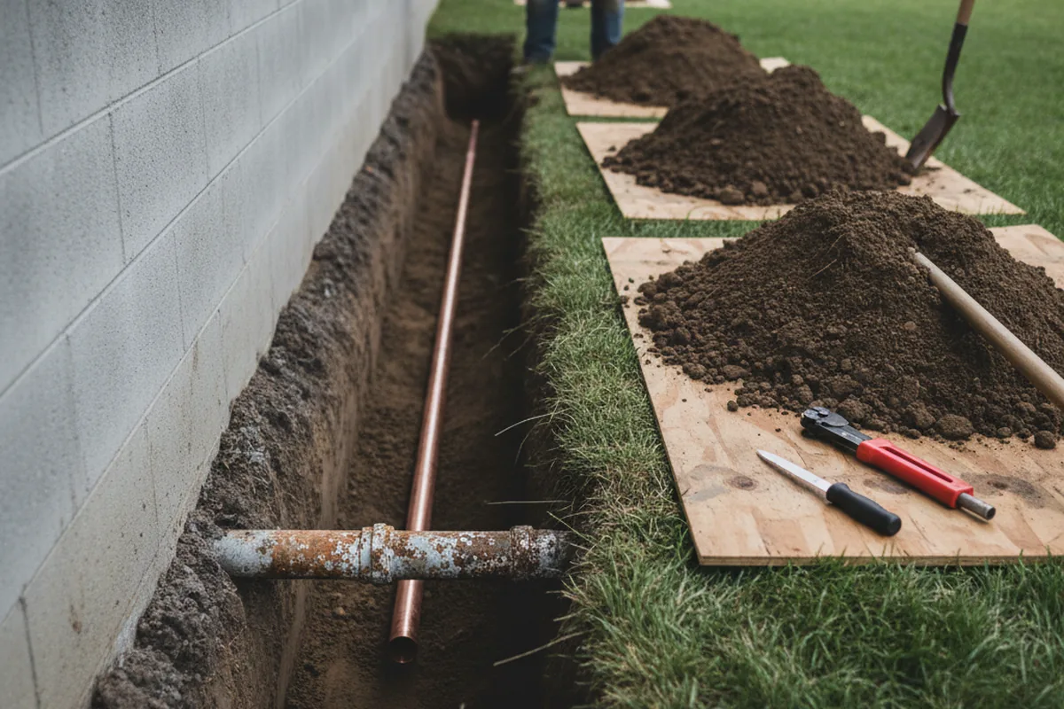 Excavated water line trench during Sewer Line Repair in Fly Creek